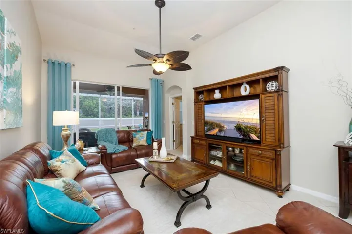 Comfortable and warm space with fresh neutral paint and tile floors