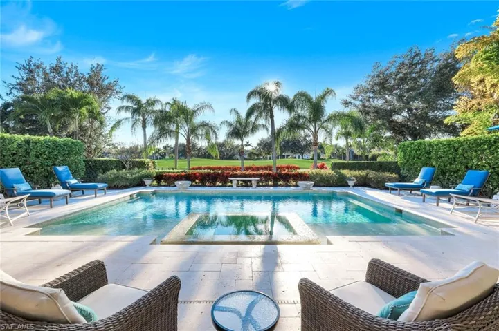 Stunning golf & pool views featuring a patio and a pool with connected hot tub