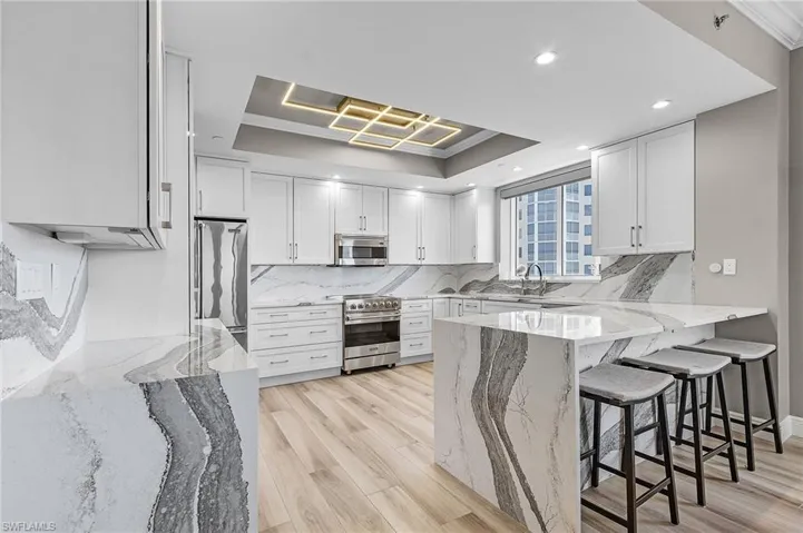 Kitchen with light hardwood / wood-style floors, appliances with stainless steel finishes, tasteful backsplash, and a tray ceiling
