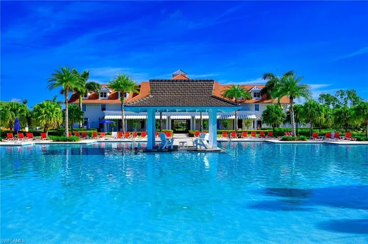 Community pool with a gazebo and a patio area