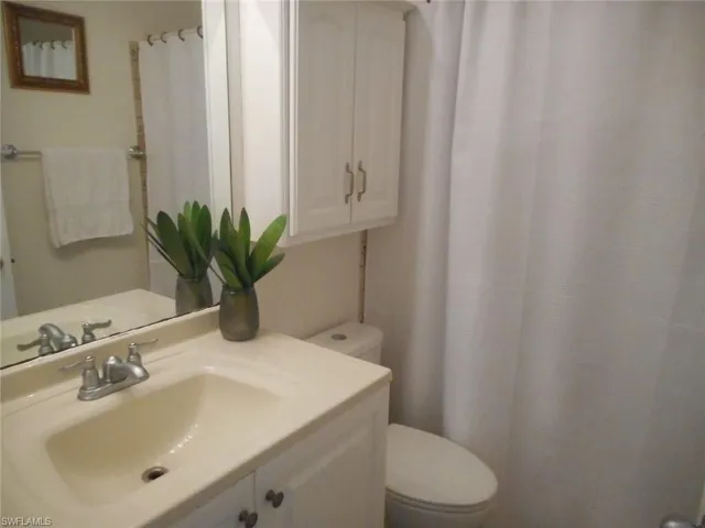 Full bathroom with vanity and a shower with curtain