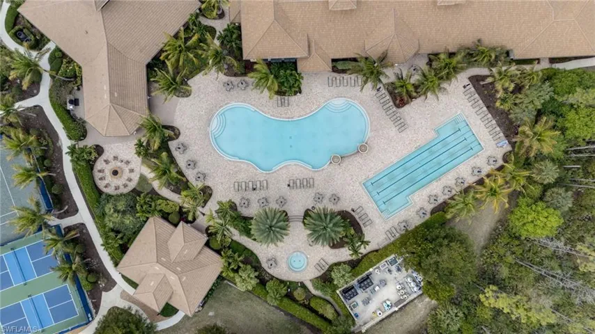Drone / aerial view of a pool
