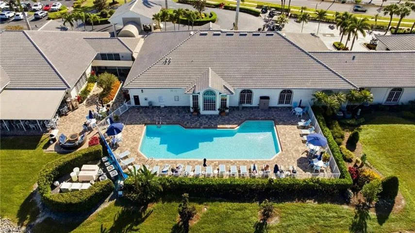 View from above of property featuring a pool