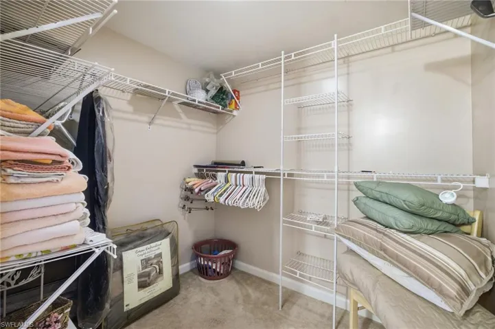 Walk in closet featuring light colored carpet