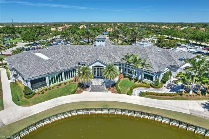 Drone / aerial view of the clubhouse dining area over looking the lake
