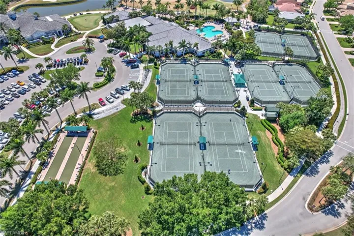 Large parking lot; tennis courts and community pool