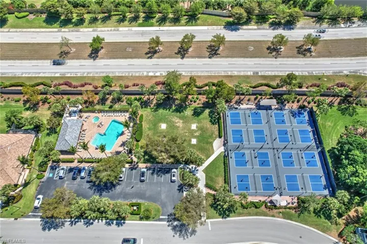 Bird's eye view of South Community pool and lighted pickleball courts