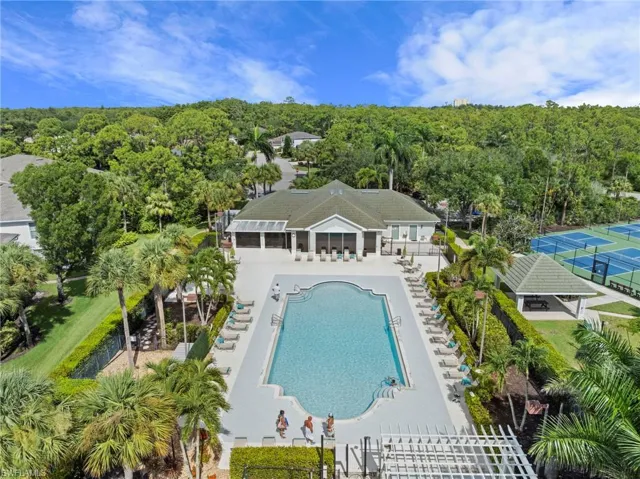 View from above of property featuring a pool area and a forest