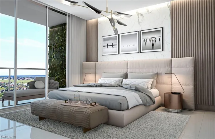 Tiled bedroom with access to outside and a wall of windows