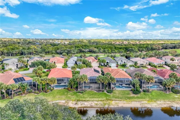 Aerial perspective of suburban area with a large body of water