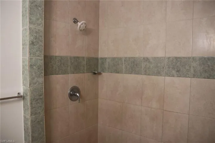 Bathroom view of a tile shower