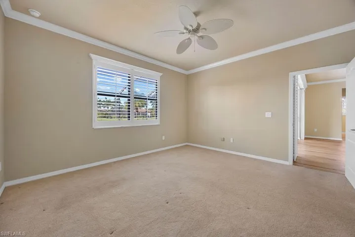 Unfurnished room featuring light carpet, baseboards, a wealth of natural light, and ornamental molding