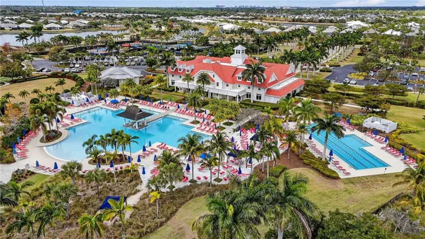 Drone / aerial view of a pool area