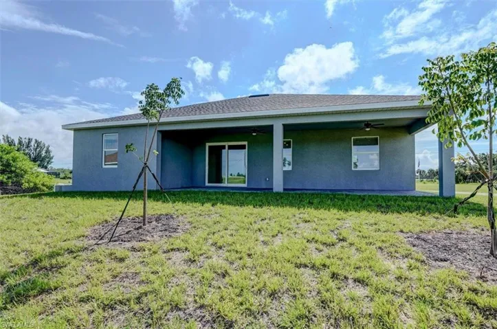 Rear view of house featuring a yard and ceiling fan