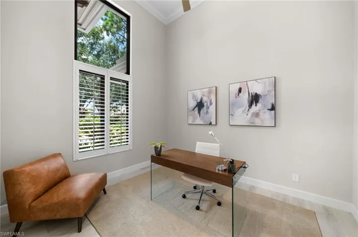 Home office with crown molding, plenty of natural light, a high ceiling, and hardwood / wood-style floors
