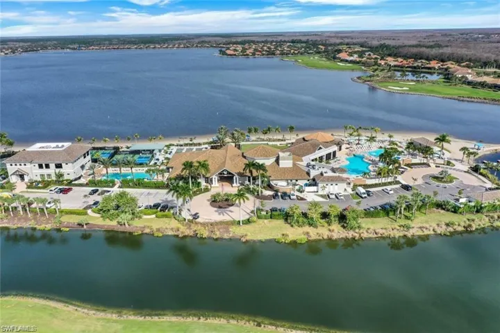 Aerial view of a large body of water and a pool