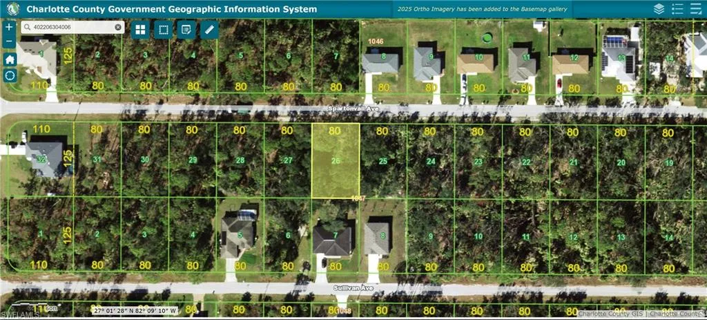 Aerial map of property and surrounding area featuring property parcel outlined