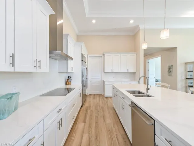 Kitchen with white cabinets, stainless steel appliances, sink, and wall chimney range hood