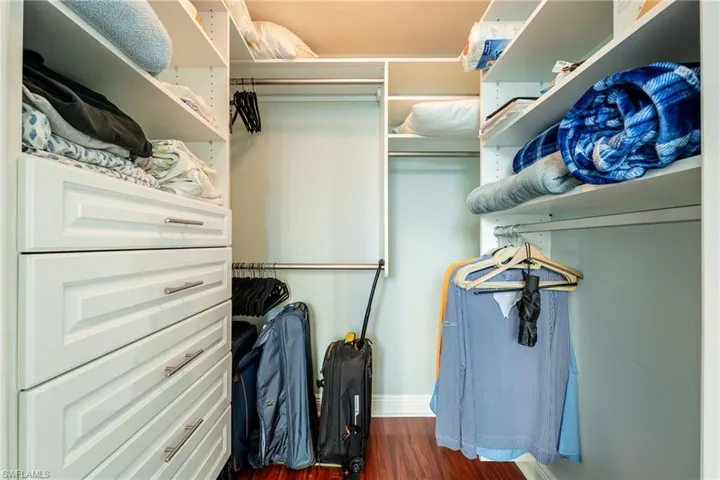 Walk in closet with dark hardwood / wood-style floors