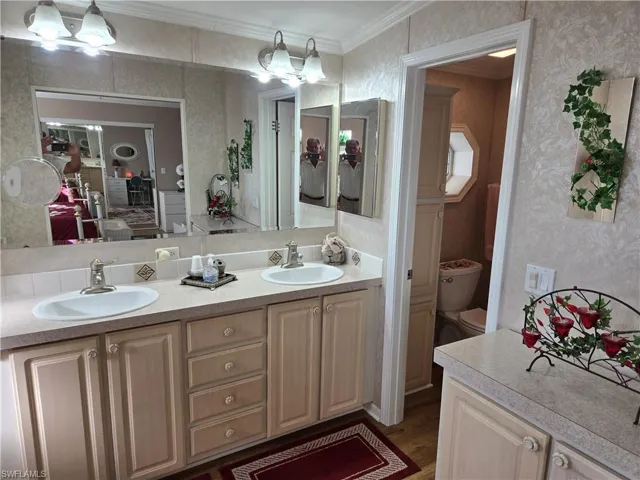 Bathroom featuring crown molding, wood-type flooring, vanity, and toilet