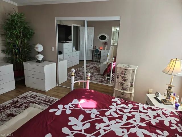 Bedroom with dark hardwood / wood-style floors and a closet