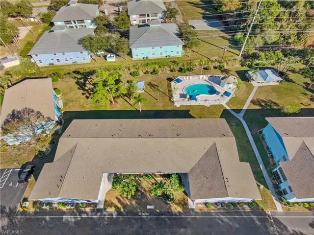 Aerial view of residential area with a pool