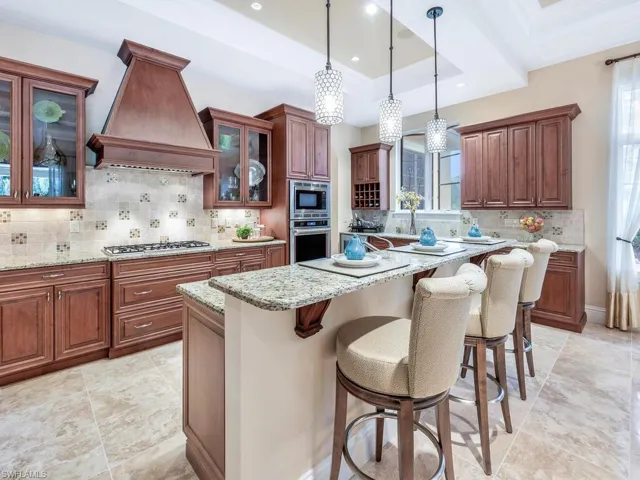 Gourmet kitchen with stainless steel appliances, a raised ceiling, a kitchen island, light stone countertops, and premium range hood