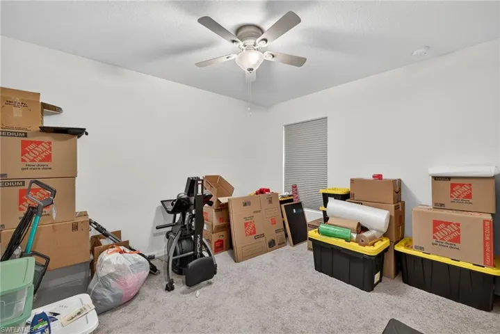 Rec room with carpet, ceiling fan, and a textured ceiling