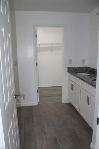 Bathroom featuring wood finished floors, vanity, and a walk in closet