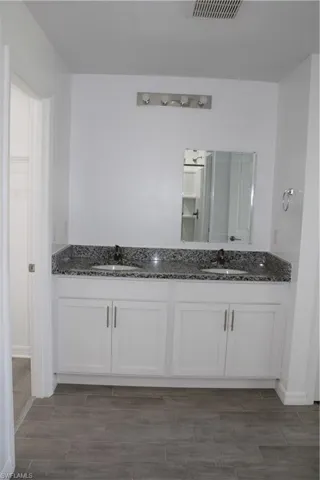 Bathroom featuring double vanity, wood finish floors, and a spacious closet