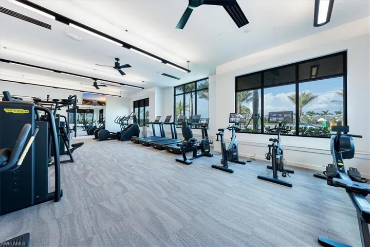 Exercise room featuring carpet and ceiling fan