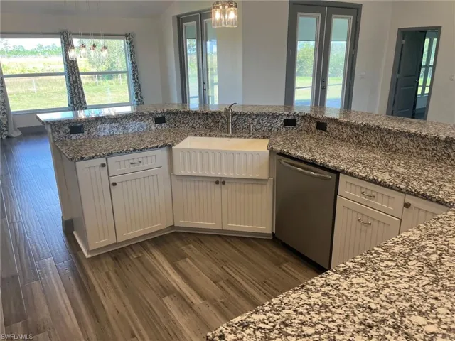 Kitchen with dark hardwood / wood-style flooring, stainless steel dishwasher, pendant lighting, and a healthy amount of sunlight