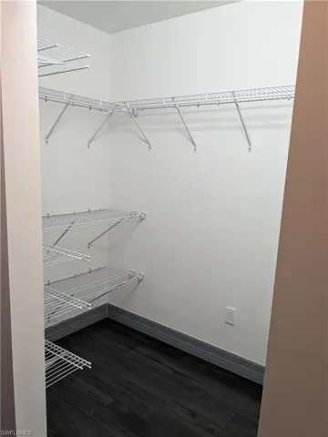 Walk in closet with dark hardwood / wood-style floors