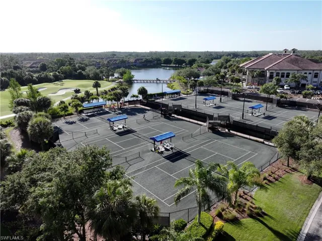 Aerial view of a large body of water and a local golf course