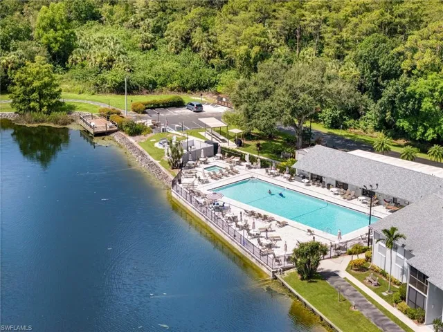 Bird's eye view of a forest and a large body of water, community pool, and pier.