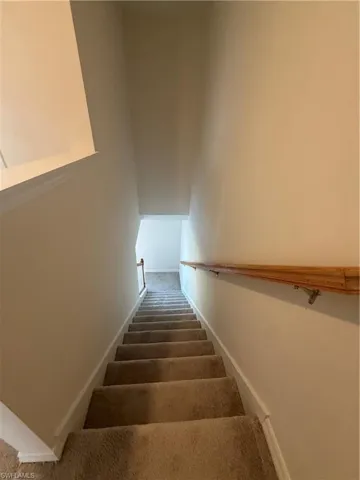 Staircase featuring carpet floors and baseboards