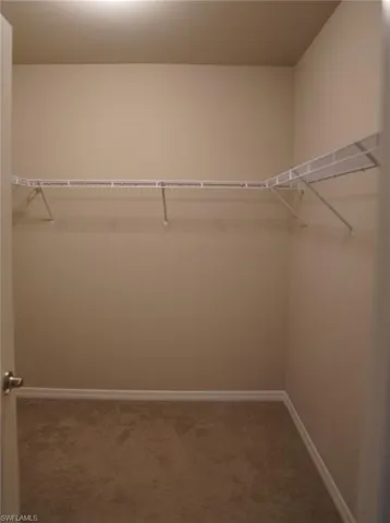 Walk in closet featuring dark colored carpet