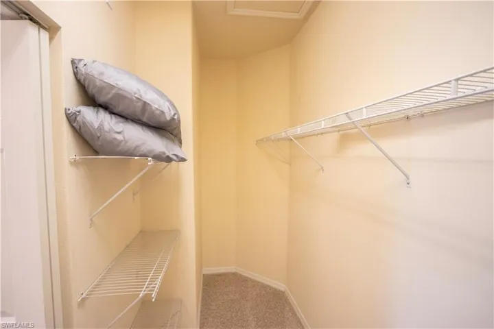 Carpeted walk-in closet featuring built-in wire shelving