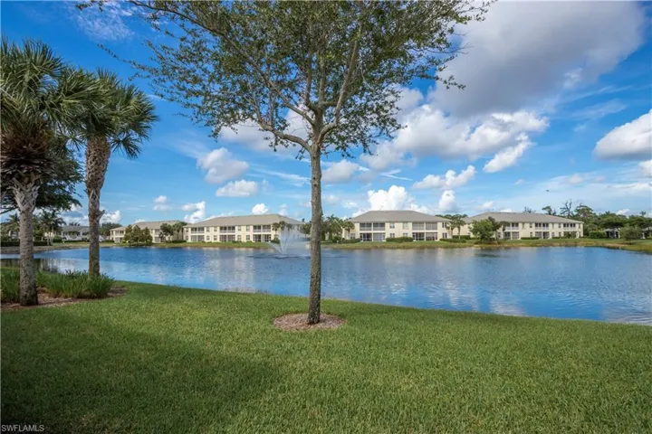 Waterfront setting featuring a fountain, manicured lawn, and mature palm trees