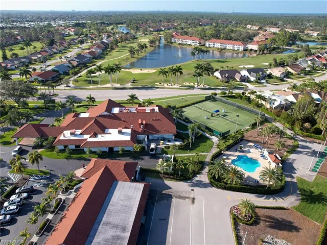 Aerial of Royal Wood clubhouse, pool, and tennis