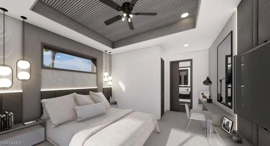 Recessed ceiling with linear wood-finish paneling and a ceiling fan