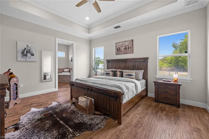 master bedroom with tray ceiling