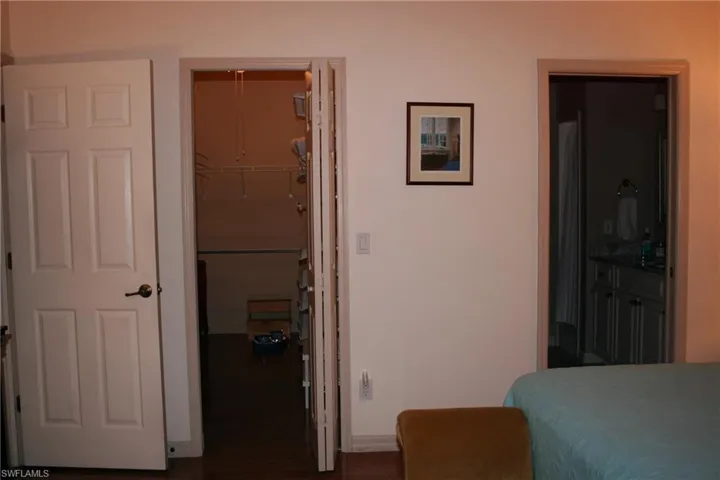 Bedroom featuring a walk in closet, connected bathroom, and dark wood finished floors