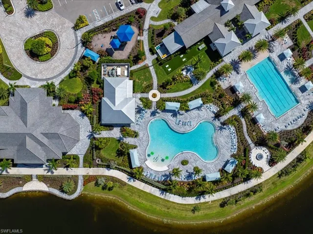 Aerial overview of property's location with a pool area