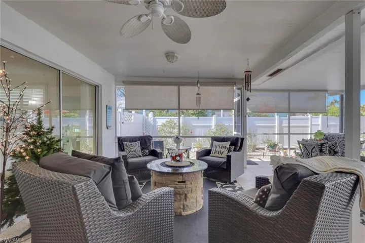 View of patio area with extensive shade coverage if desired; pull down shades can block sun, wind or rain as desired.