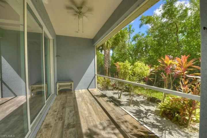 Balcony featuring ceiling fan