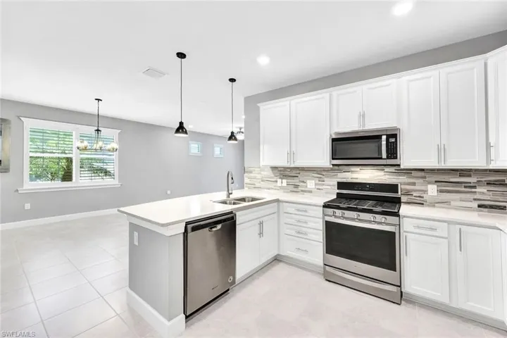 Kitchen featuring appliances with stainless steel finishes, hanging light fixtures, kitchen peninsula, and white cabinetry
