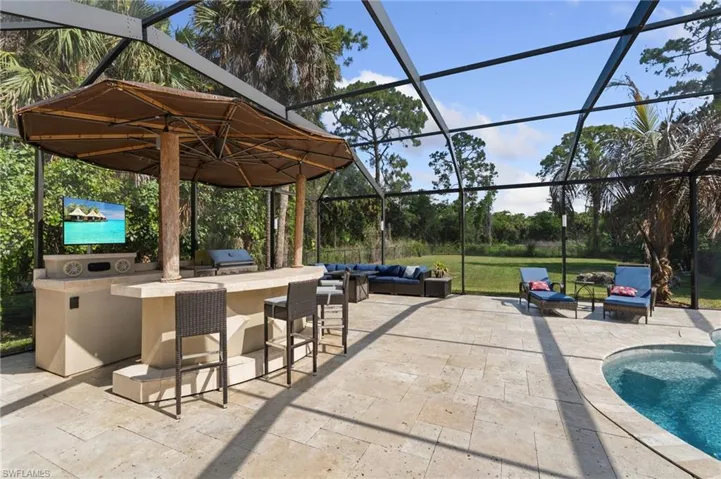 Lanai screened cage has LED lights that change colors, surround sound outdoor speakers with lifetime warranty.