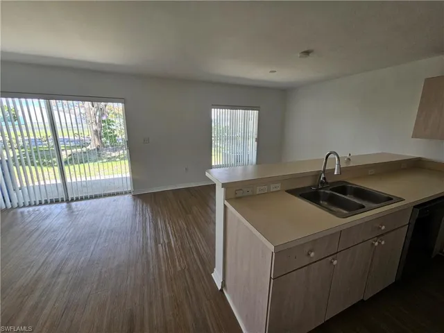 Open-concept living area featuring wood-finish flooring, a kitchen island with dual basin sink, light-toned cabinetry, and sliding glass doors leading to an outdoor patio