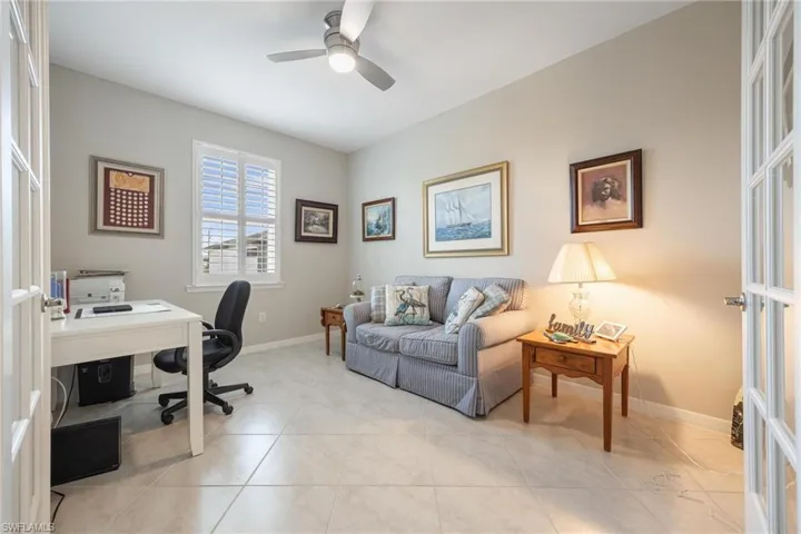 Tiled office space with ceiling fan